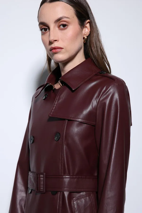 Trench-coat ceinturé en similicuir bordeaux pour femme, style Antioch