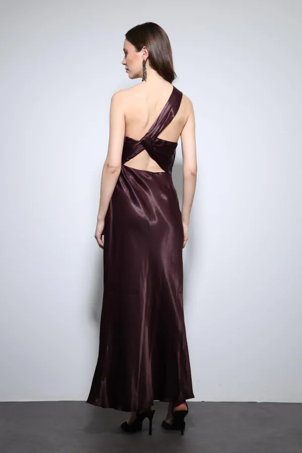 Antioch Bordo Asimetrik Yaka Saten Uzun Elbise