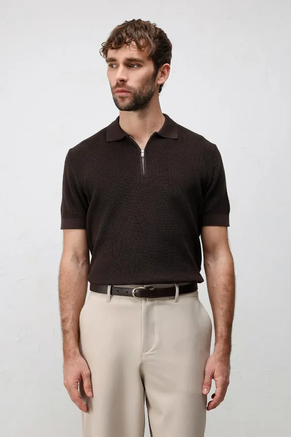 Antioch Kahve Comfort Slim Fermuarlı Erkek Triko T-Shirt