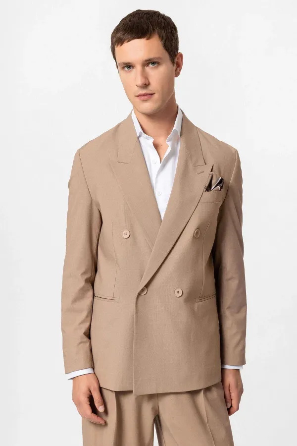 Antioch Açık Kahve Tek Düğme Kruvaze Erkek Blazer Ceket
