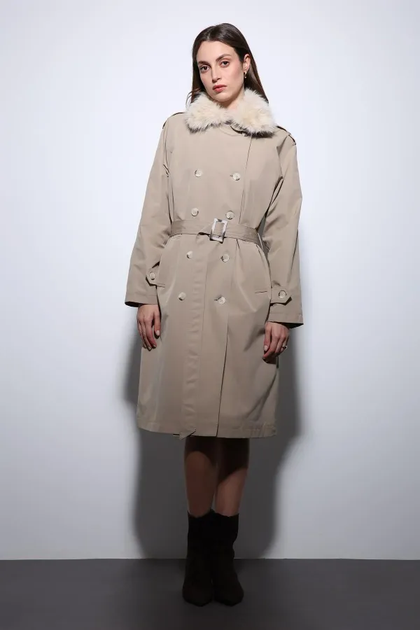 Antioch Bej Suni Kürklü Yaka Kadın Trençkot