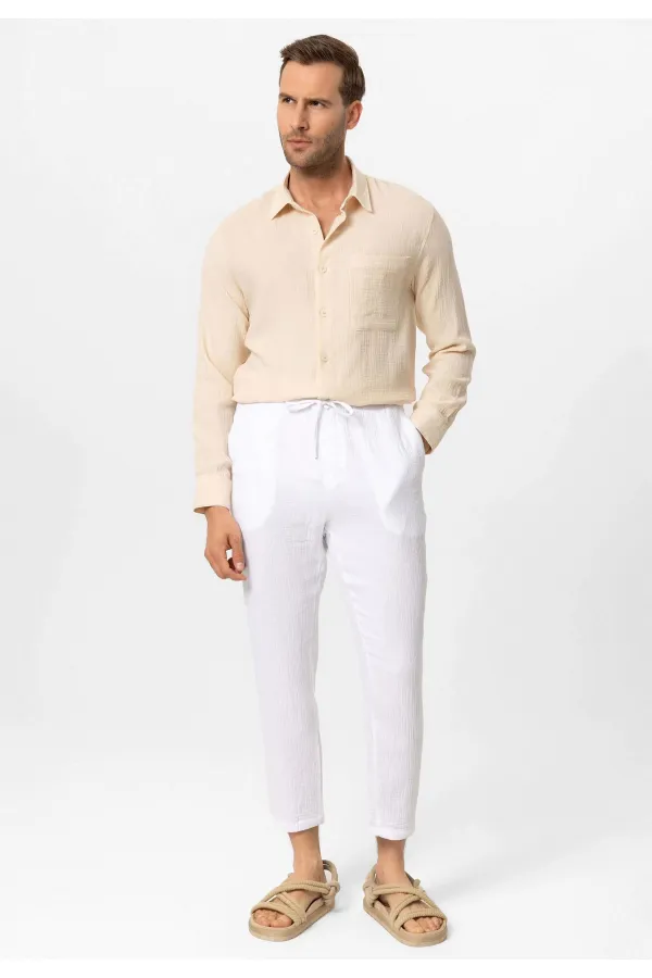 Antioch Bej Müslin Kumaş Uzun Kollu Erkek Gömlek