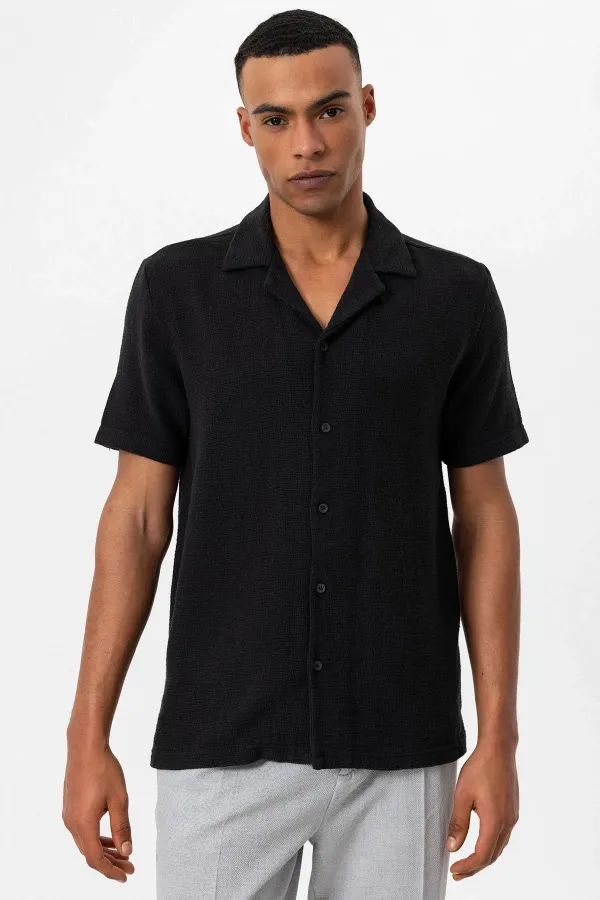 Antioch Black Apache Collar Knitted Textured Men's Shirt