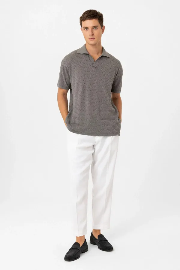 Antioch Grey Polo Collar Textured Men's Knit T-Shirt