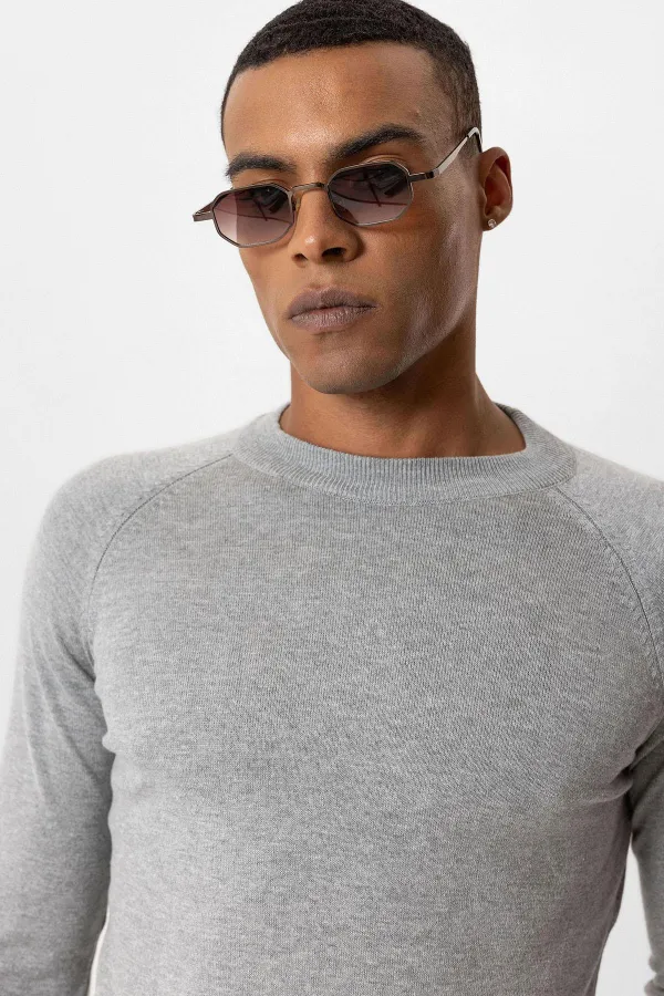 Antioch Gri Melanj Bisiklet Yaka Slim Fit Triko Kazak