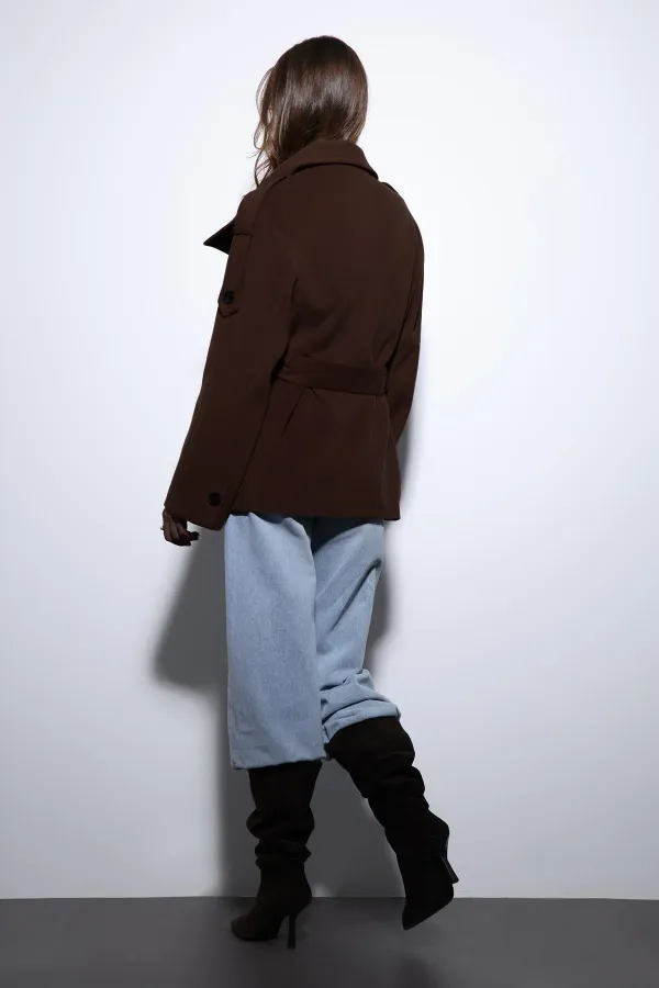 Antioch Koyu Kahve Dik Yaka Kruvaze Kadın Kaban