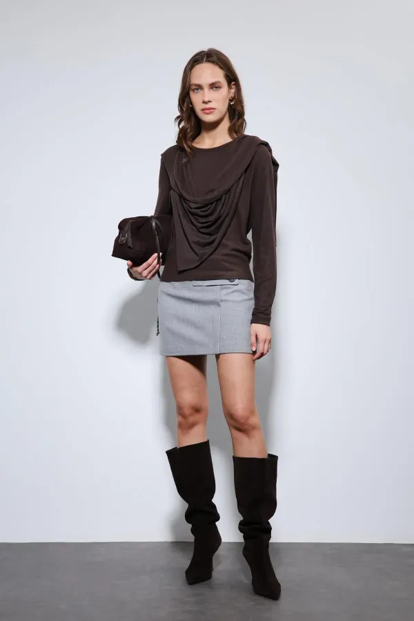 Antioch Coffee Draped Shawl Detailed Top