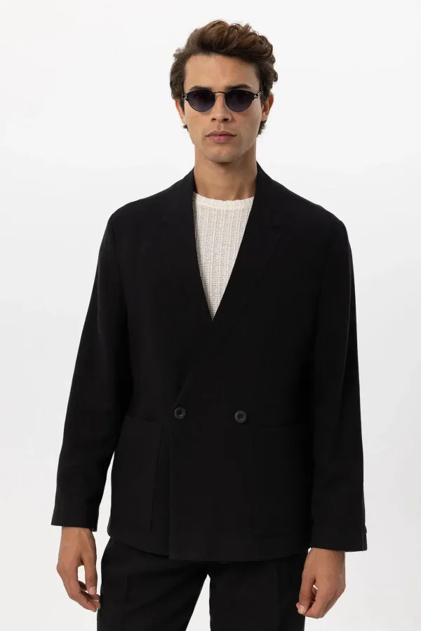 Antioch Black Linen Blend Double-Breasted Button-Down Men's Blazer Jacket