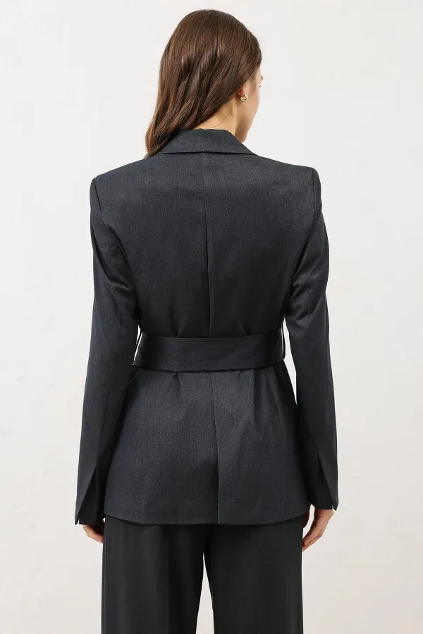 Antioch Füme Vücuda Oturan Kuşaklı Kadın Blazer Ceket