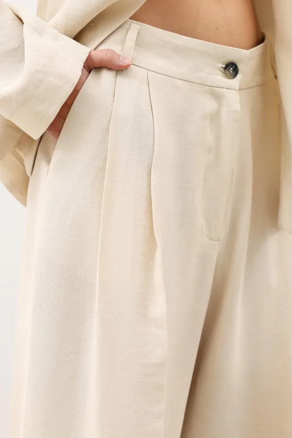 Antioch Krem Pileli Palazzo Kadın Pantolon