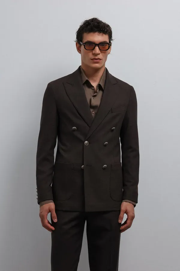 Antioch Kahve Astarsız Kruvaze Erkek Blazer Ceket