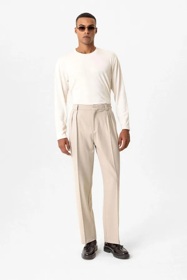 Antioch Bej Yüksek Bel Pileli Relaxed Fit Baggy Erkek Pantolon