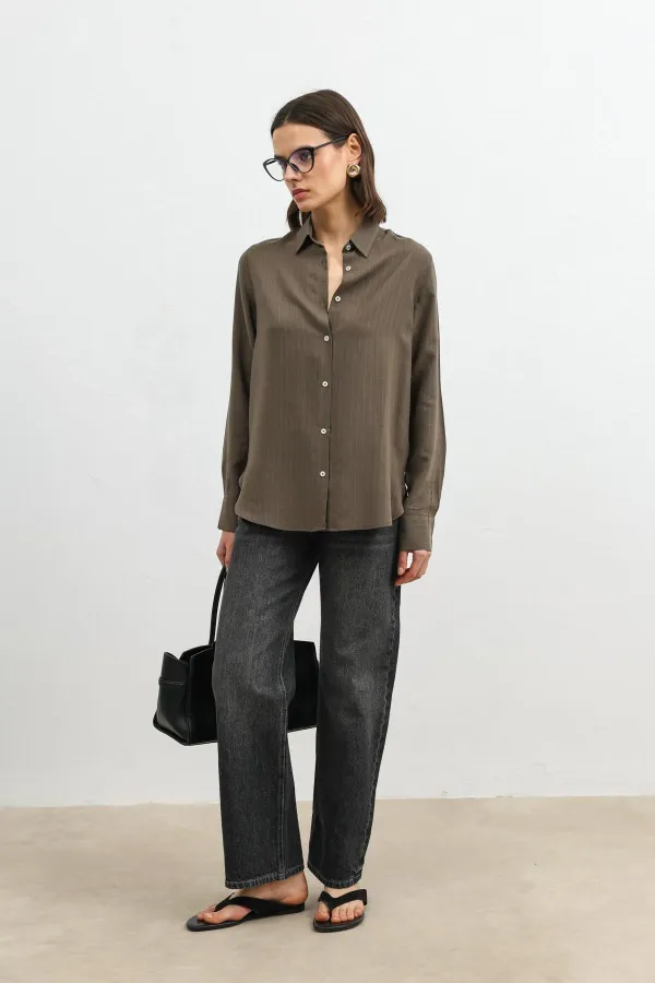 Antioch Khaki 100% Lyocell Striped Women's Shirt