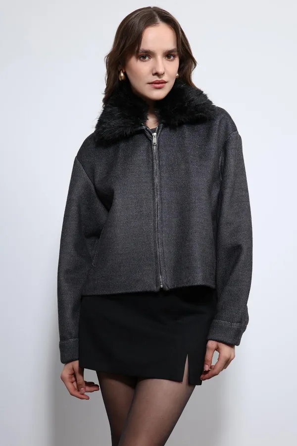 Antioch Anthracite Wool Blend Faux Fur Collar Jacket
