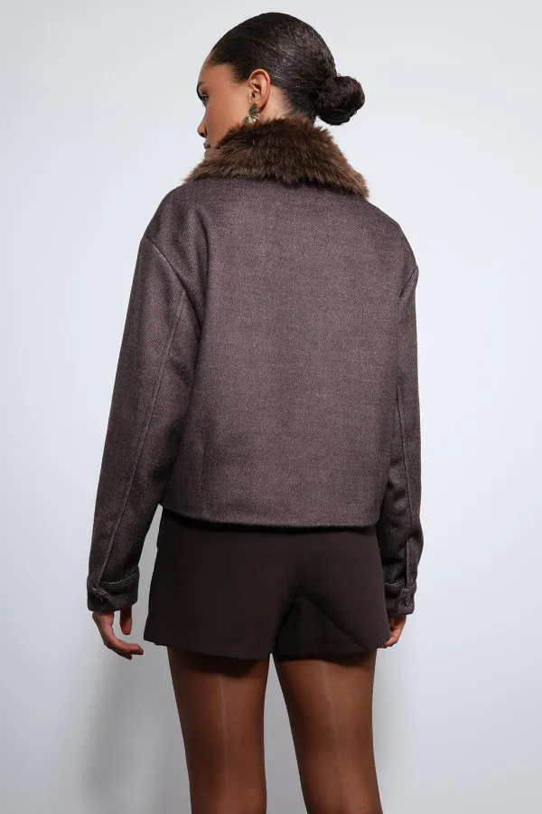 Veste Antioch Coffee en laine mélangée à col en fausse fourrure