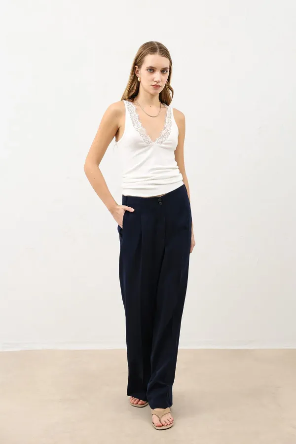 Antioch Navy Blue Wide Leg Women's Trousers with Pens Detail