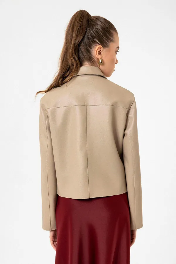 Antioch Bej Kadın Polo Yaka Suni Deri Ceket