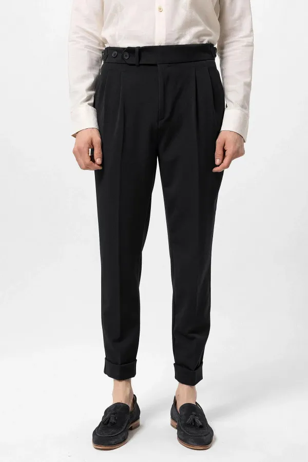 Pantalon homme Antioch noir à taille haute plissée et coupe carotte