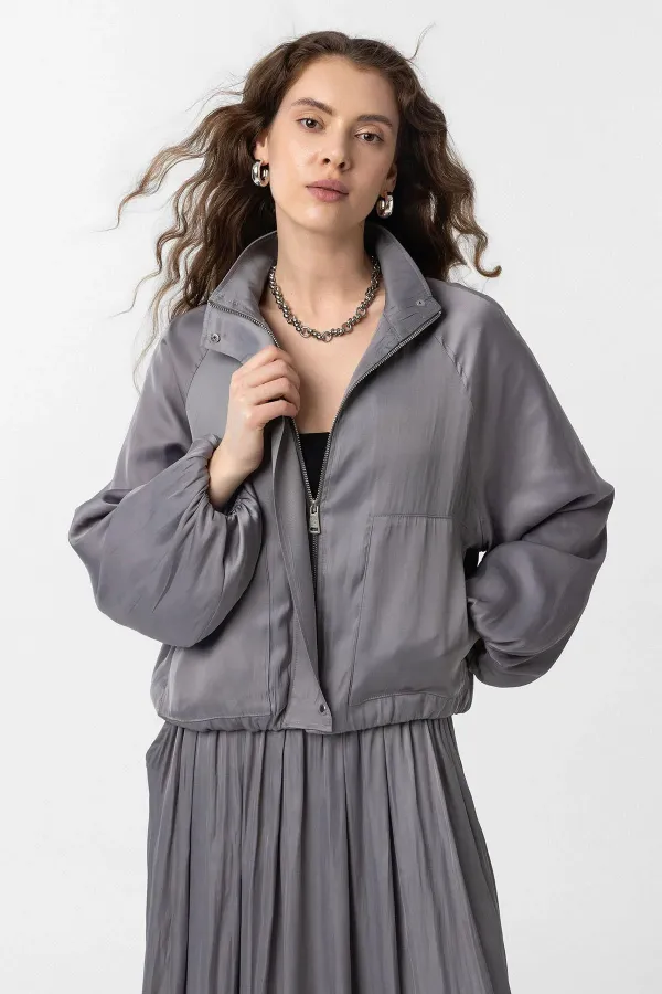 Antioch Gri Dik Yaka İnce Kadın Bomber Ceket