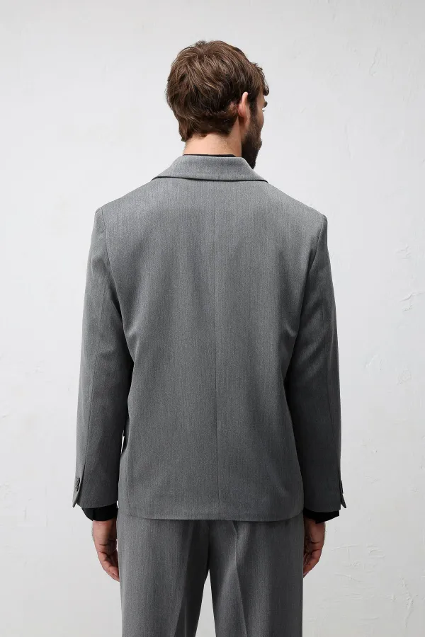 Antioch Gri Relax Fit Kruvaze Erkek Blazer Ceket