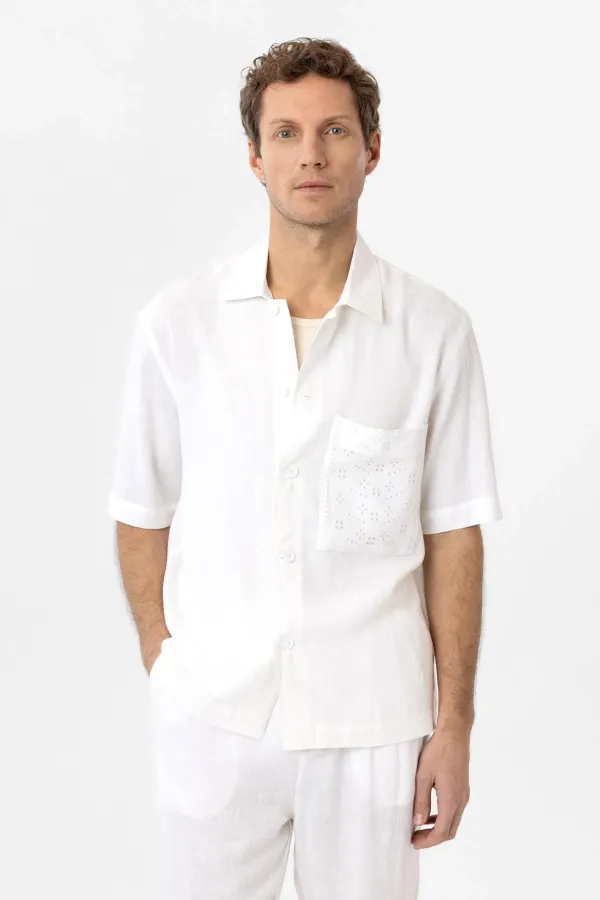 Antioch White Linen Blend Short-Sleeved Men's Shirt