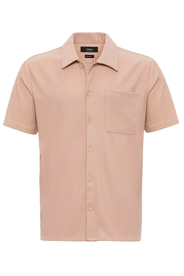 Antioch Beige Corduroy Short-Sleeved Men's Shirt