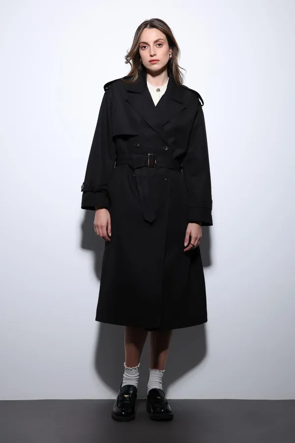 Antioch Black Double-Breasted Belted Women's Trench Coat