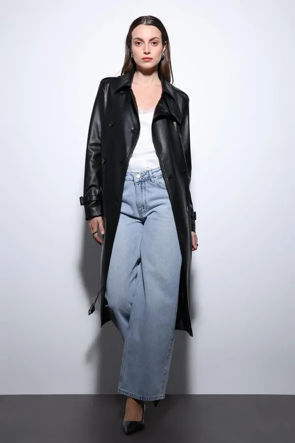 Antioch Siyah Kadın Suni Deri Kemerli Trençkot