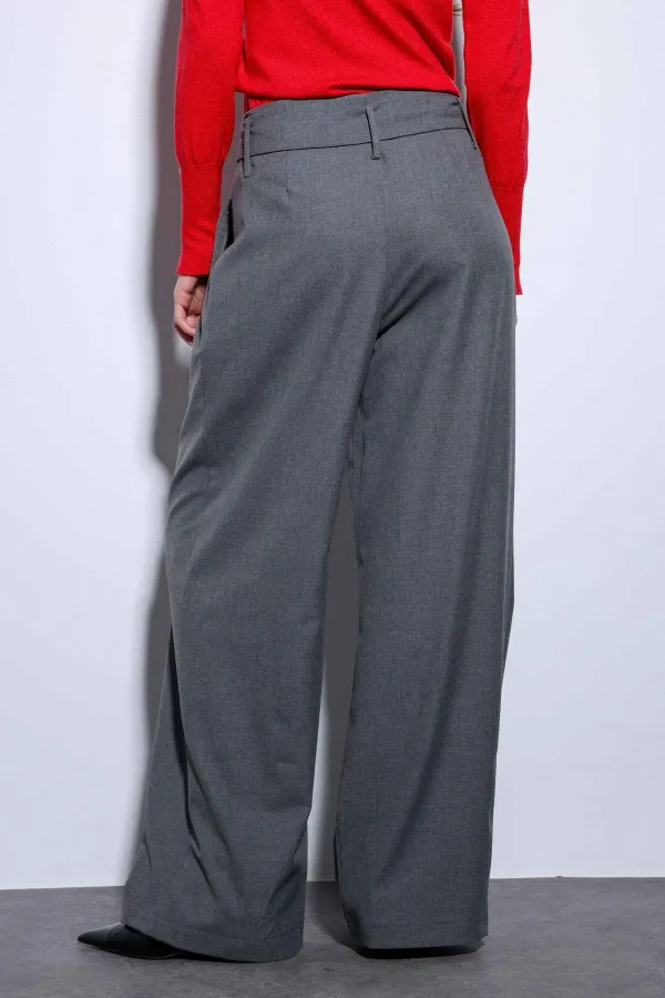 Antioch Gri Kemerli Pileli Geniş Kadın Pantolon