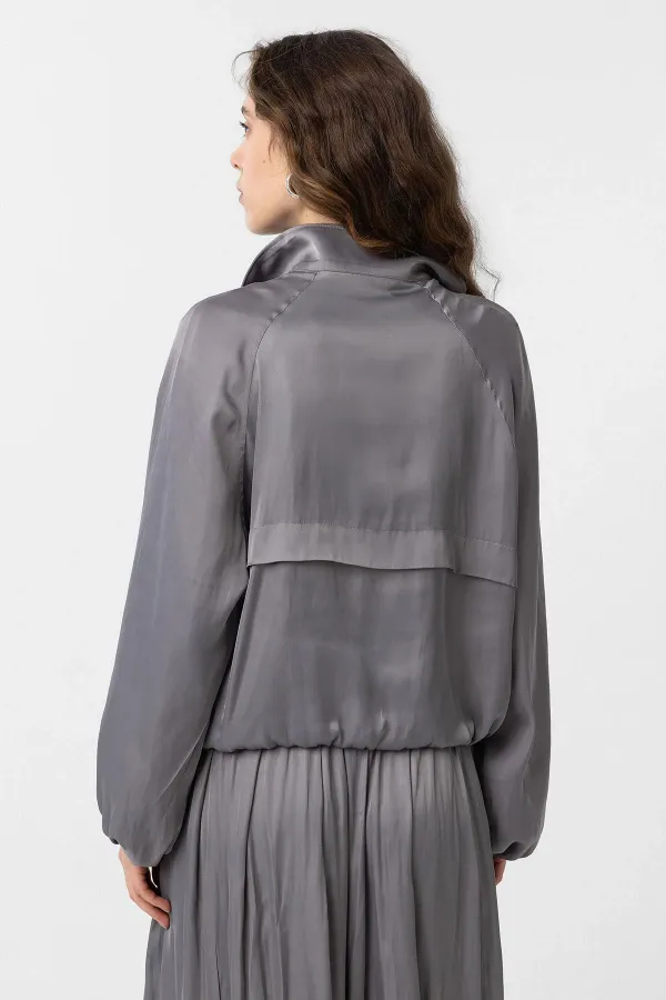 Antioch Gri Dik Yaka İnce Kadın Bomber Ceket