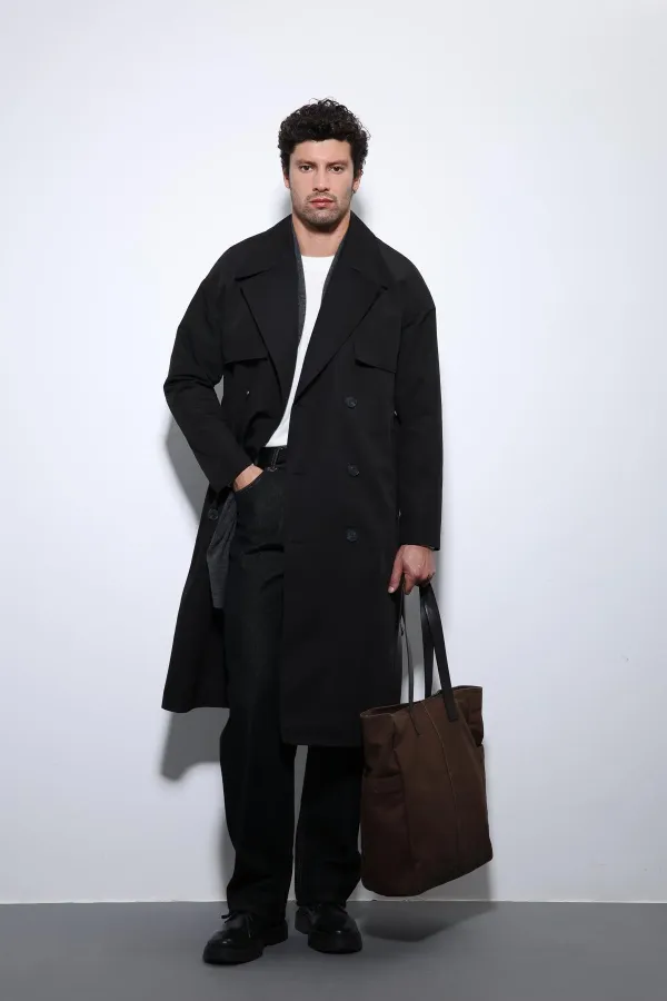 Trench-coat Antioch noir à double boutonnage avec ceinture