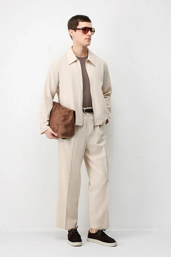 Antioch Beige High Waist Pleated Relax Fit Men's Trousers