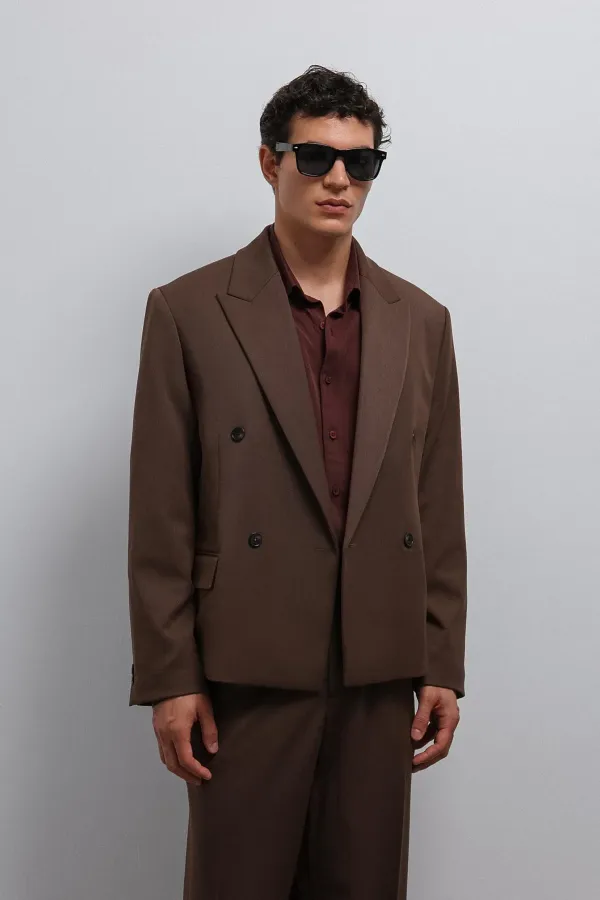 Antioch Kahve Kruvaze Relax Crop Fit Blazer Ceket