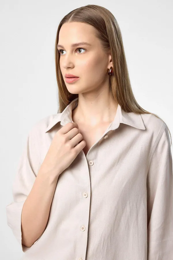 Antioch Bej Keten Karışımlı Kadın Gömlek
