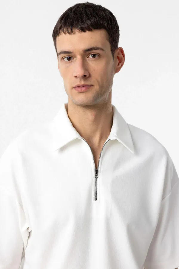 Antioch Ekru Relax Fit Fermuarlı Polo Yaka Erkek T-Shirt