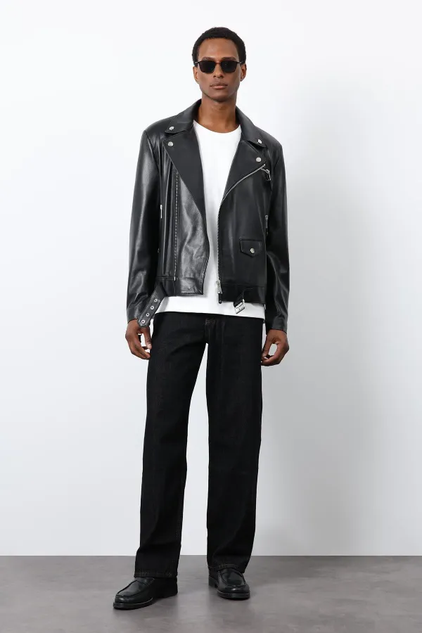 Antioch Siyah 100% Deri Biker Ceket