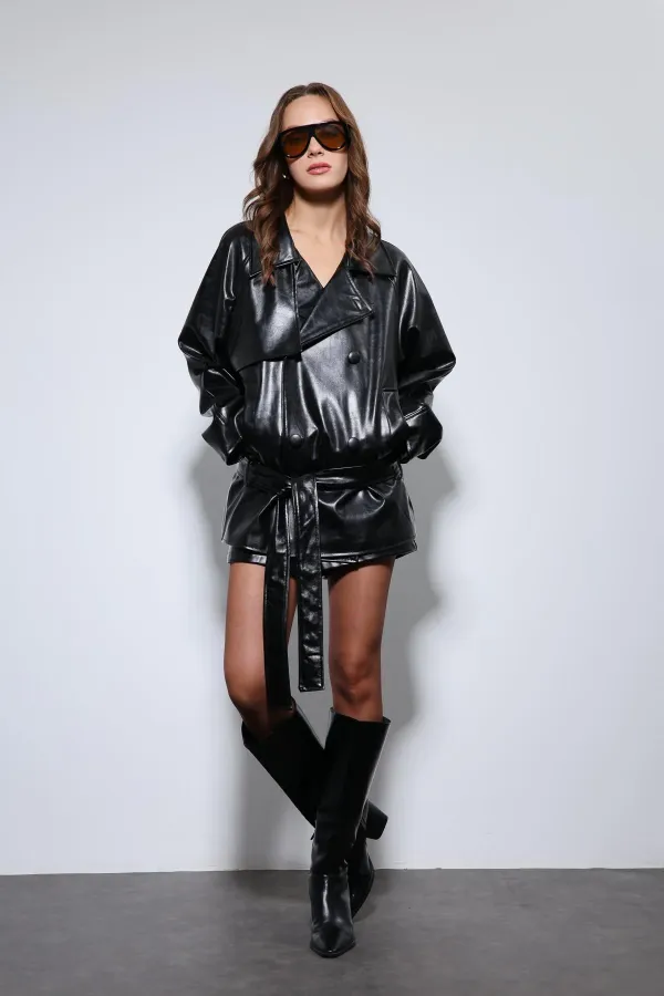 Antioch Siyah Suni Deri Kemerli Trençkot