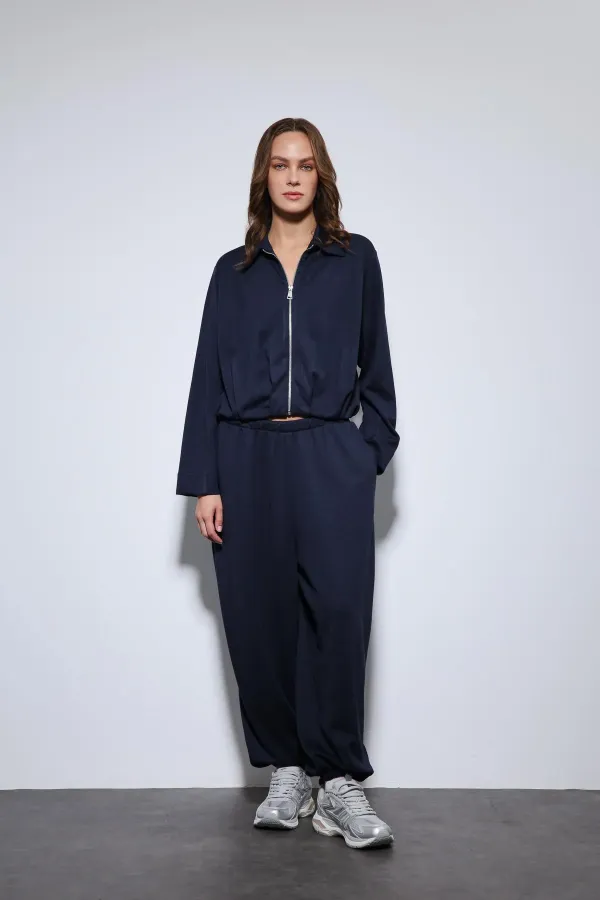 Antioch Navy Blue Voluminous Jacket and Elasticated Hem Tracksuit Set