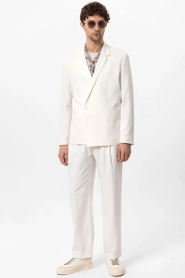 Antioch Ekru Tek Düğme Kruvaze Kapama Erkek Blazer Ceket