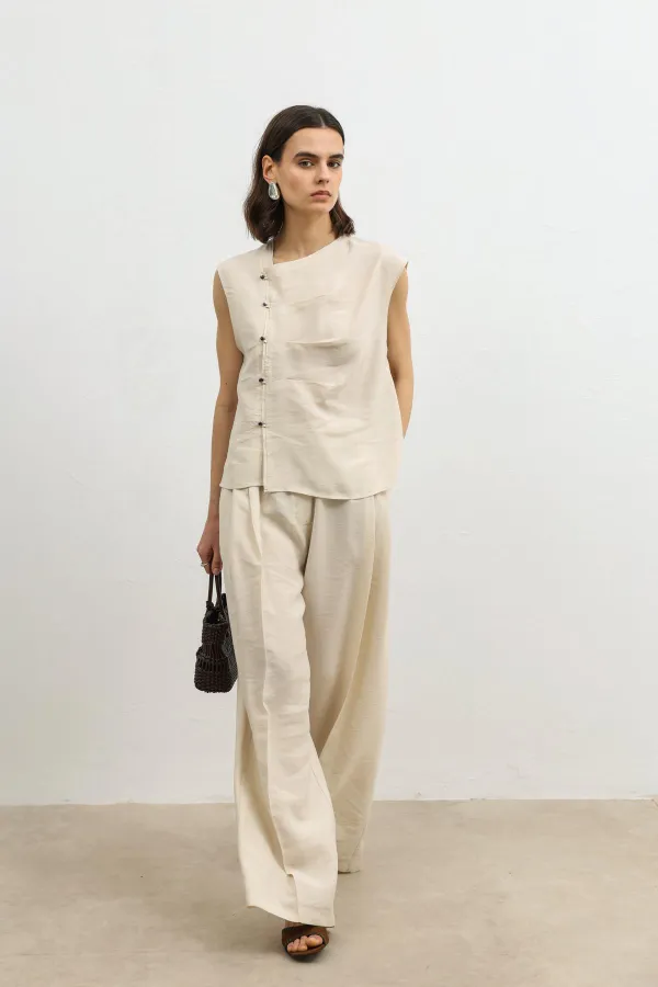 Antioch Taş Lyocell Karışımlı Düğmeli Kadın Top