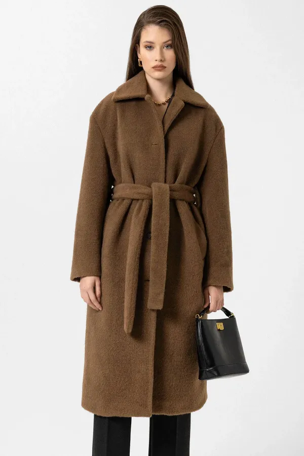 Manteau texturé doux avec ceinture pour femme Antioch Coffee