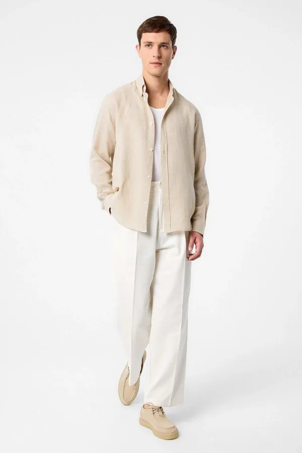 Chemise homme Antioch beige en lin mélangé à col boutonné