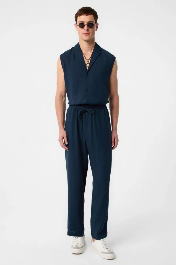 Antioch Navy Blue Linen Blend Jogger Men's Pants