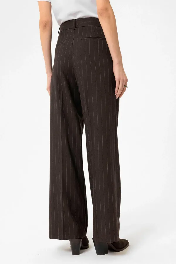 Antioch Kahve Kadın Yüksek Bel Pileli Çizgili Pantolon