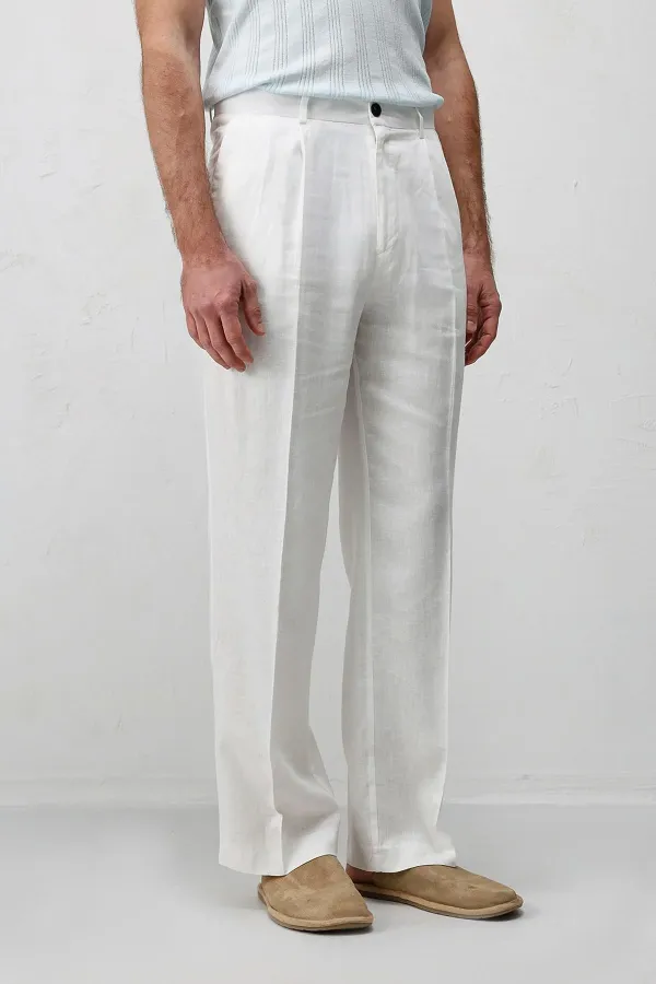 Antioch Beyaz Keten Karışımlı Erkek Baggy Pantolon