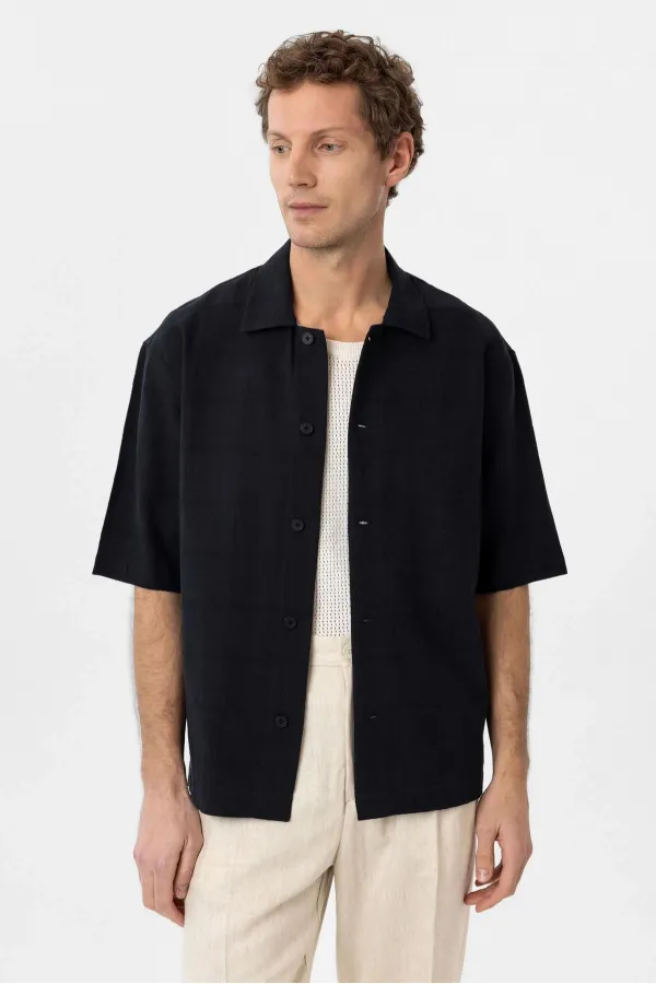 Antioch Black Textured Jacquard Cotton Men's Short-Sleeve Shirt