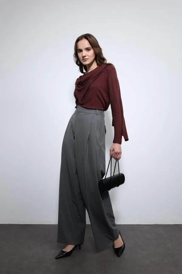 Antioch Gri Çizgili Geniş Paça Pantolon