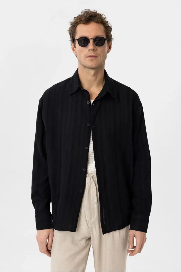 Antioch Black Textured Jacquard Cotton Men's Shirt