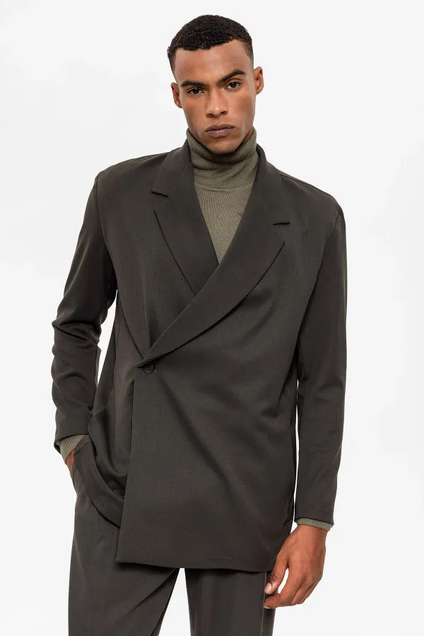 Antioch Khaki Double-Breasted Men's Blazer Jacket with Concealed Pockets