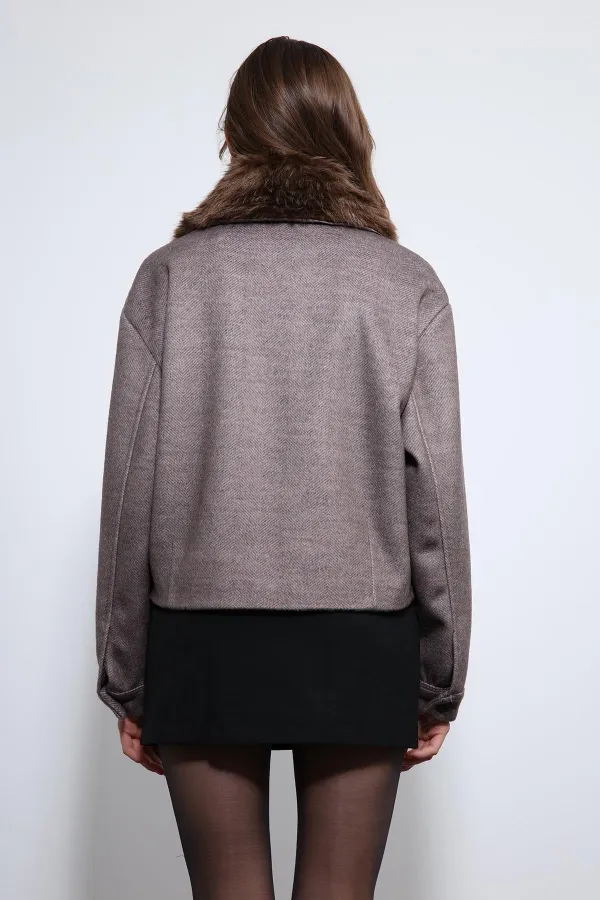 Veste Antioch Light Mink en laine mélangée à col en fausse fourrure